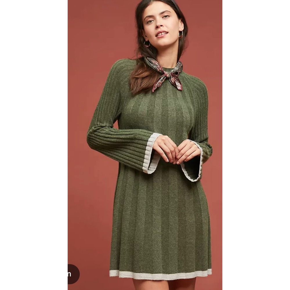 Aventura Green Ribbed Mock Neck Sweater Dress Cashmere Wool Blend Size M